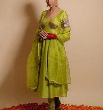 Chiffon silk green suit set